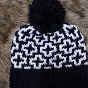 Black and White Mosaic Crochet Beanie with Pom Pom